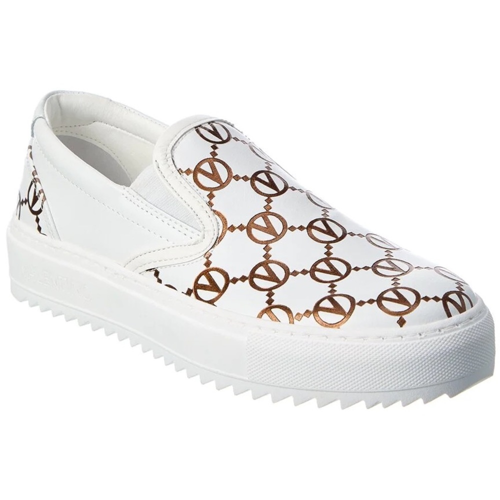 NEW Valentino White Leather Regina Slip-on Monogrammed Platform Sneaker